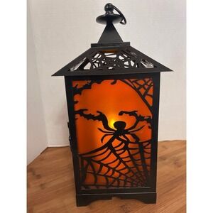 Halloween Lantern Black Metal Orange LED Candle Witch Spider Web Spooky Decor